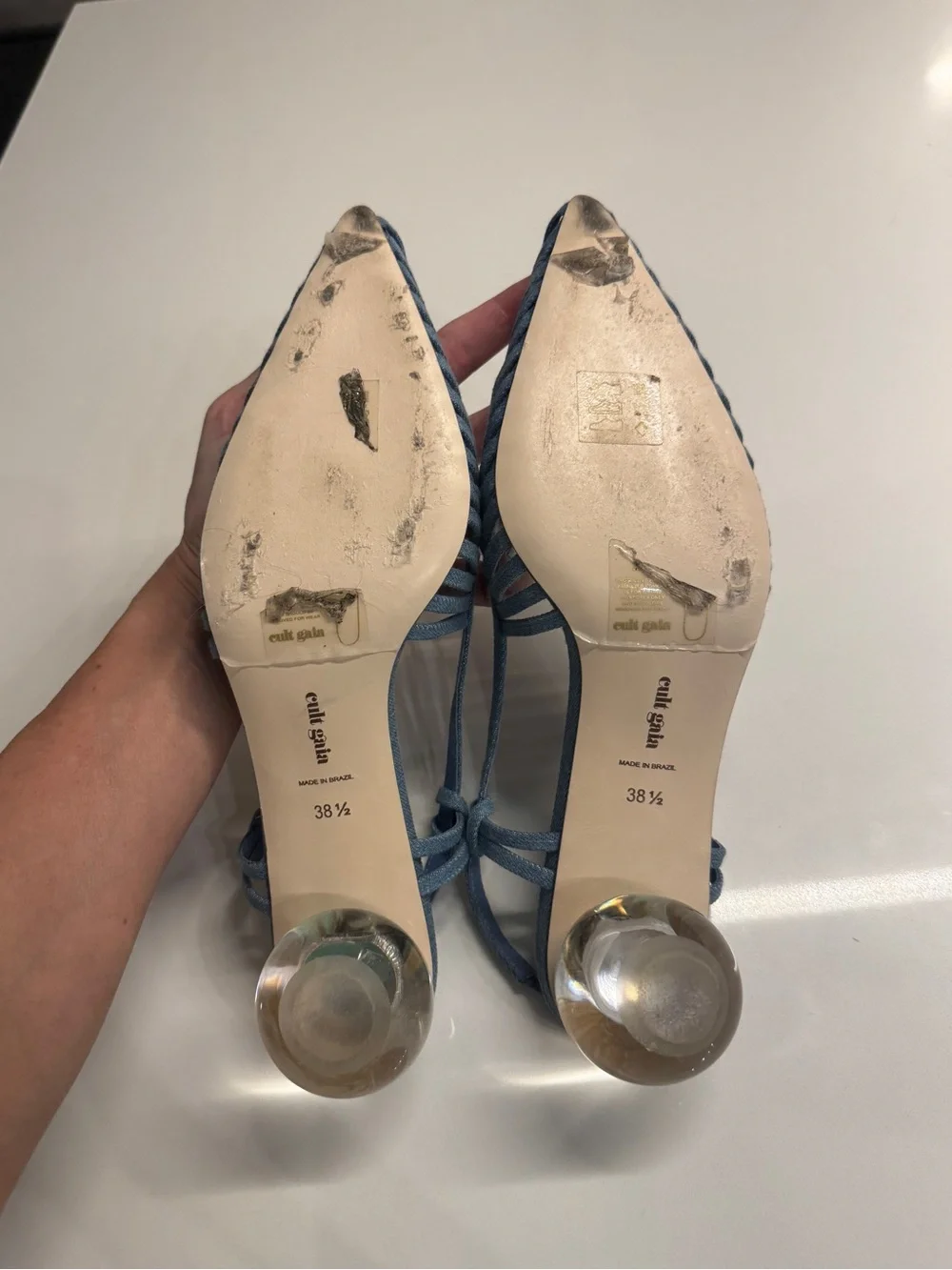 cult gaia Alia blue denim pleated slingback pointed-toe heels size 38.5 Lake